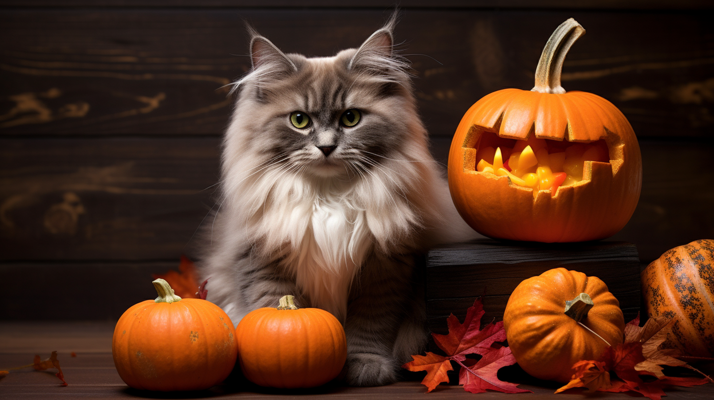 Adorable cat surrounded by pumpkins