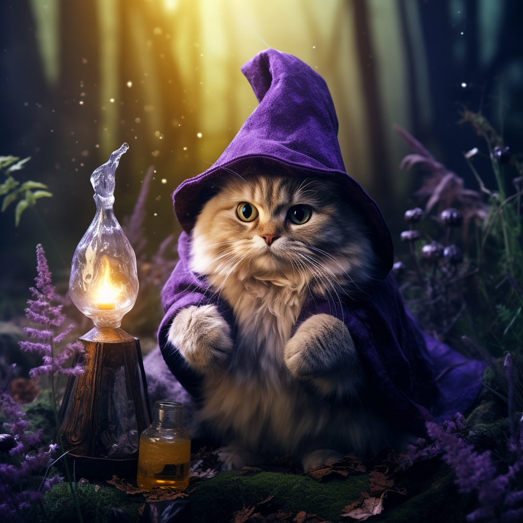 Cute cat in wizard costume creating purple potion