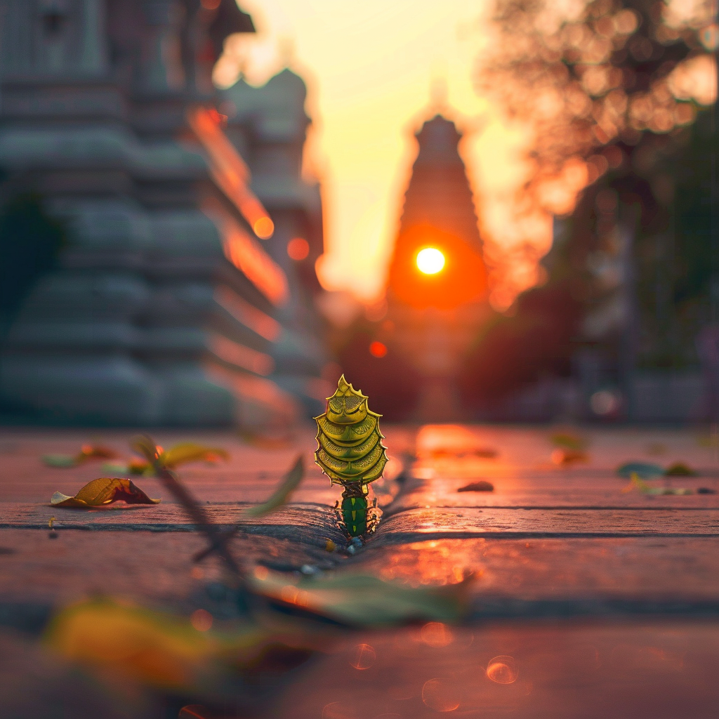 Cartoon caterpillar entering Chennai temple