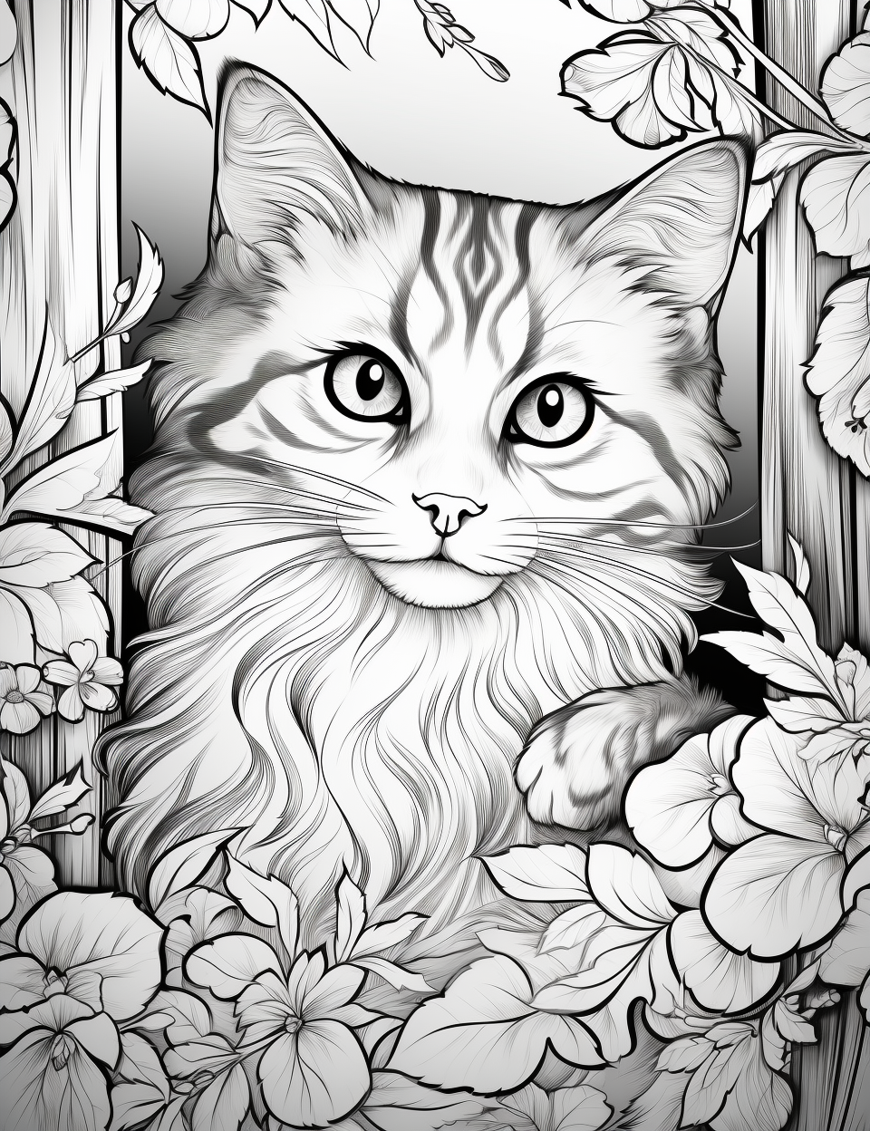 Coloring Book Page with Cute Cats and Kittens