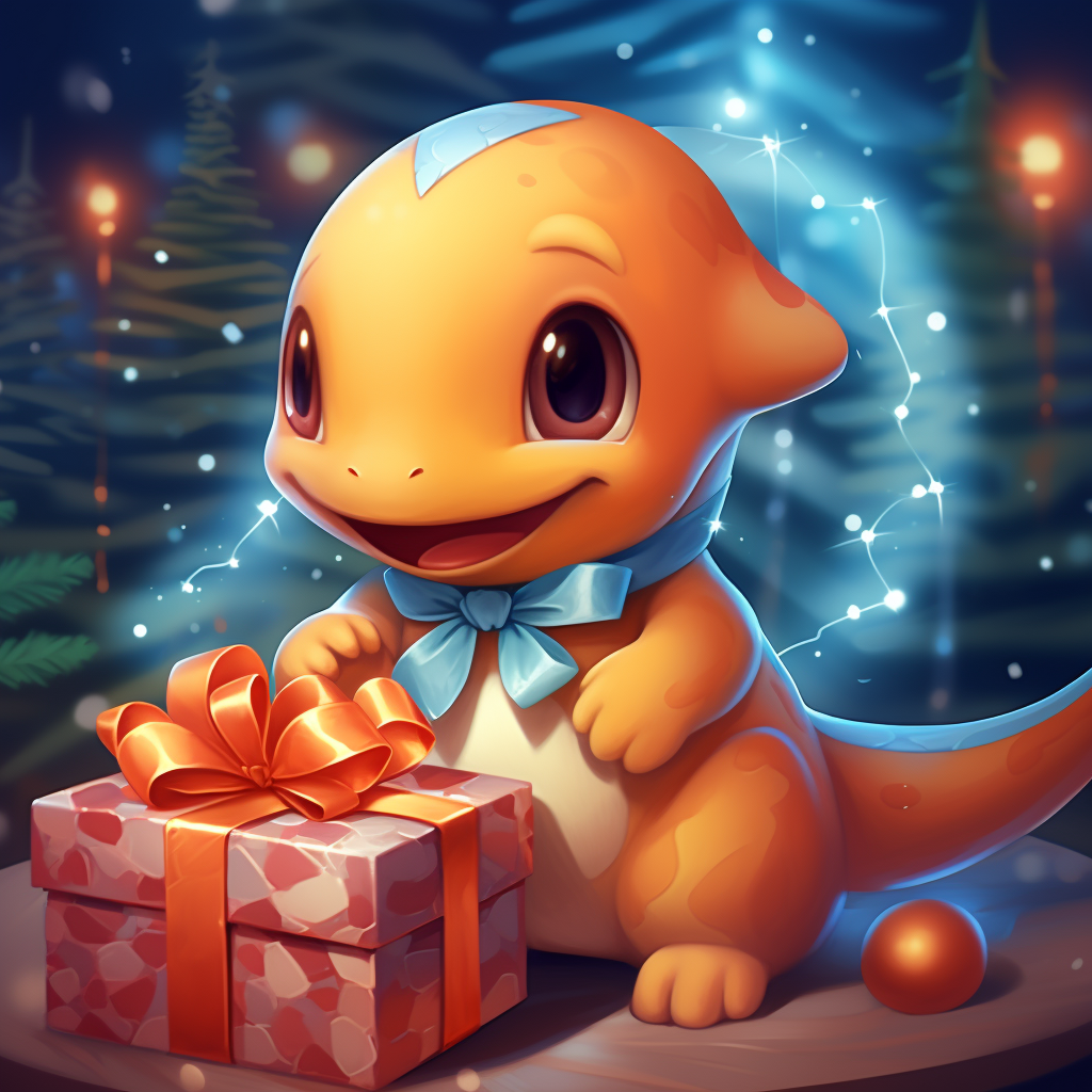 Charmander Pokemon holding a Christmas present