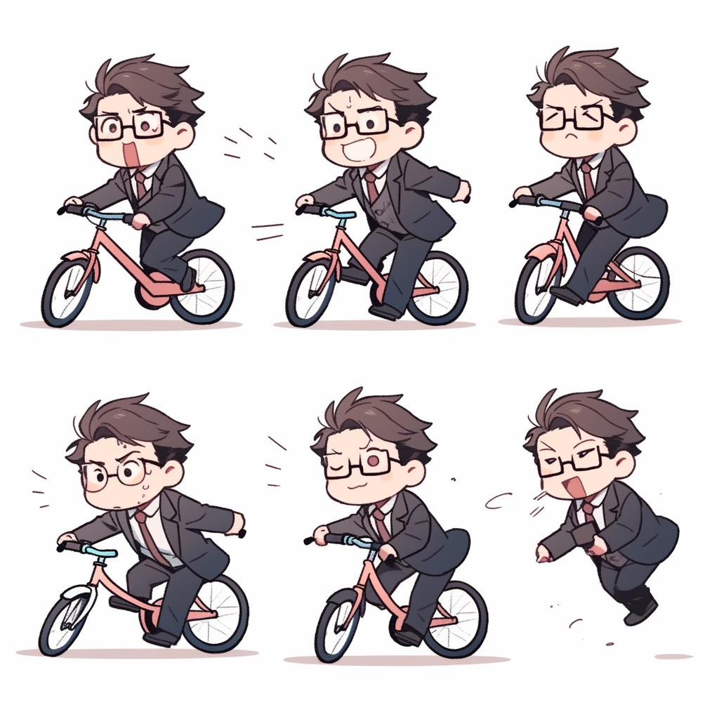 Cute chibi businessman running, swimming, biking