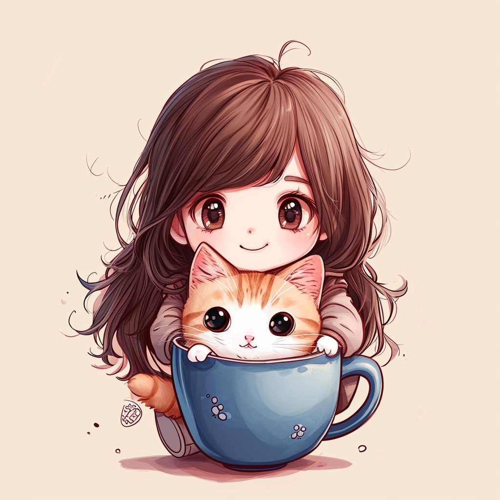 Cute Chibi Girl with Cat in Cup