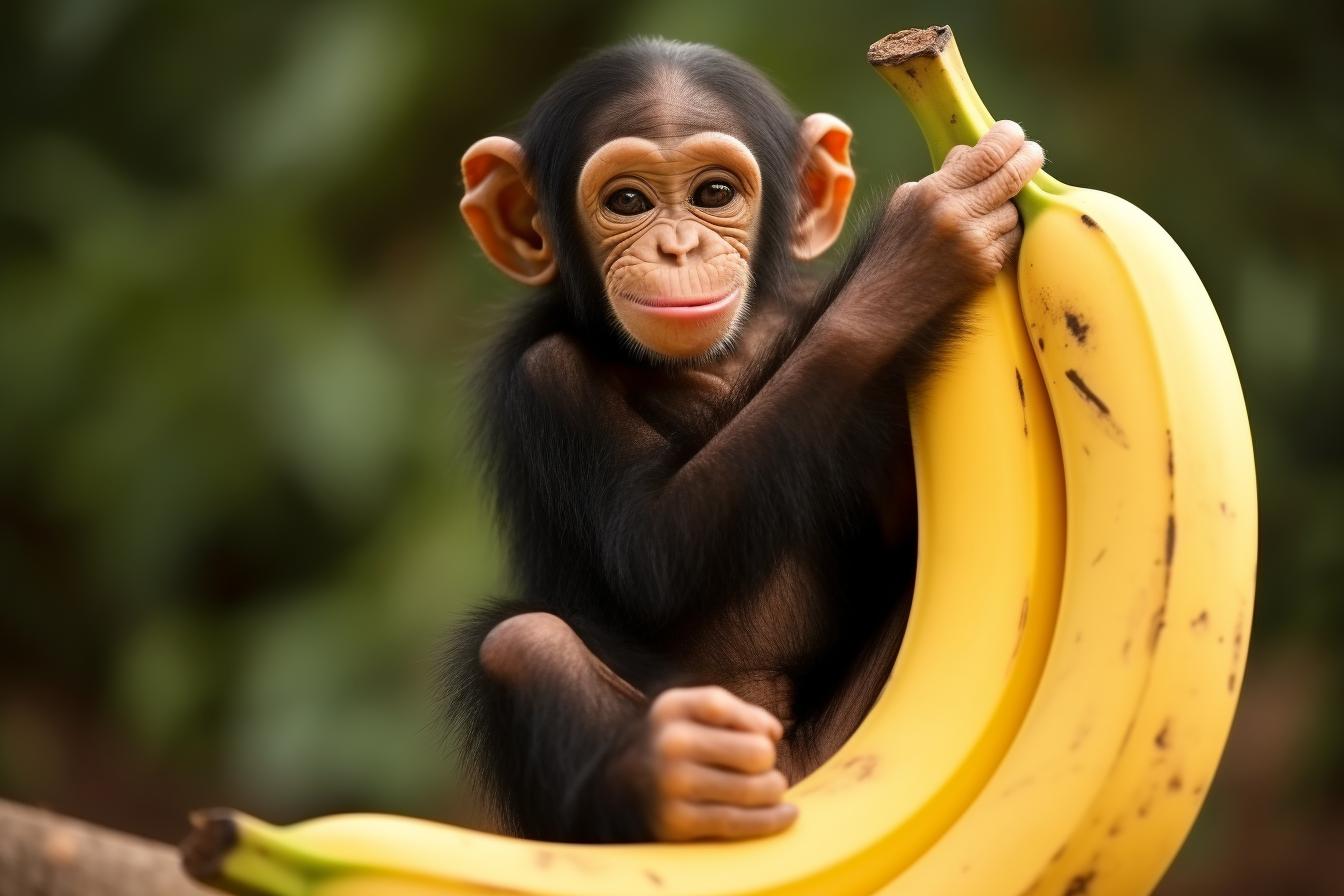 Cute chimpanzee enjoying a banana in a tree