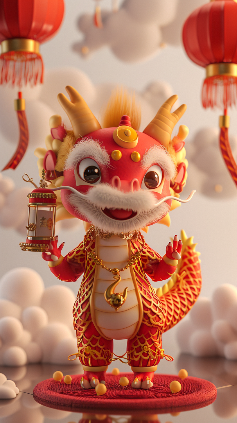 Cute Chinese Dragon Holding Lantern