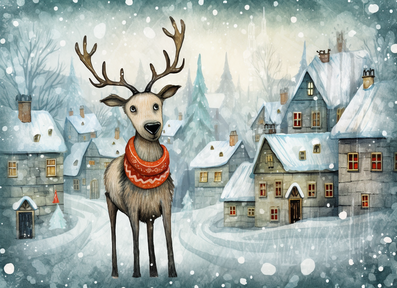 Cute Christmas Reindeer in Village