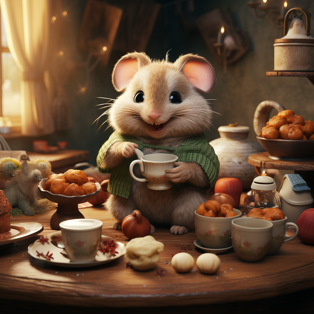 Chubby brown mouse having a tea party