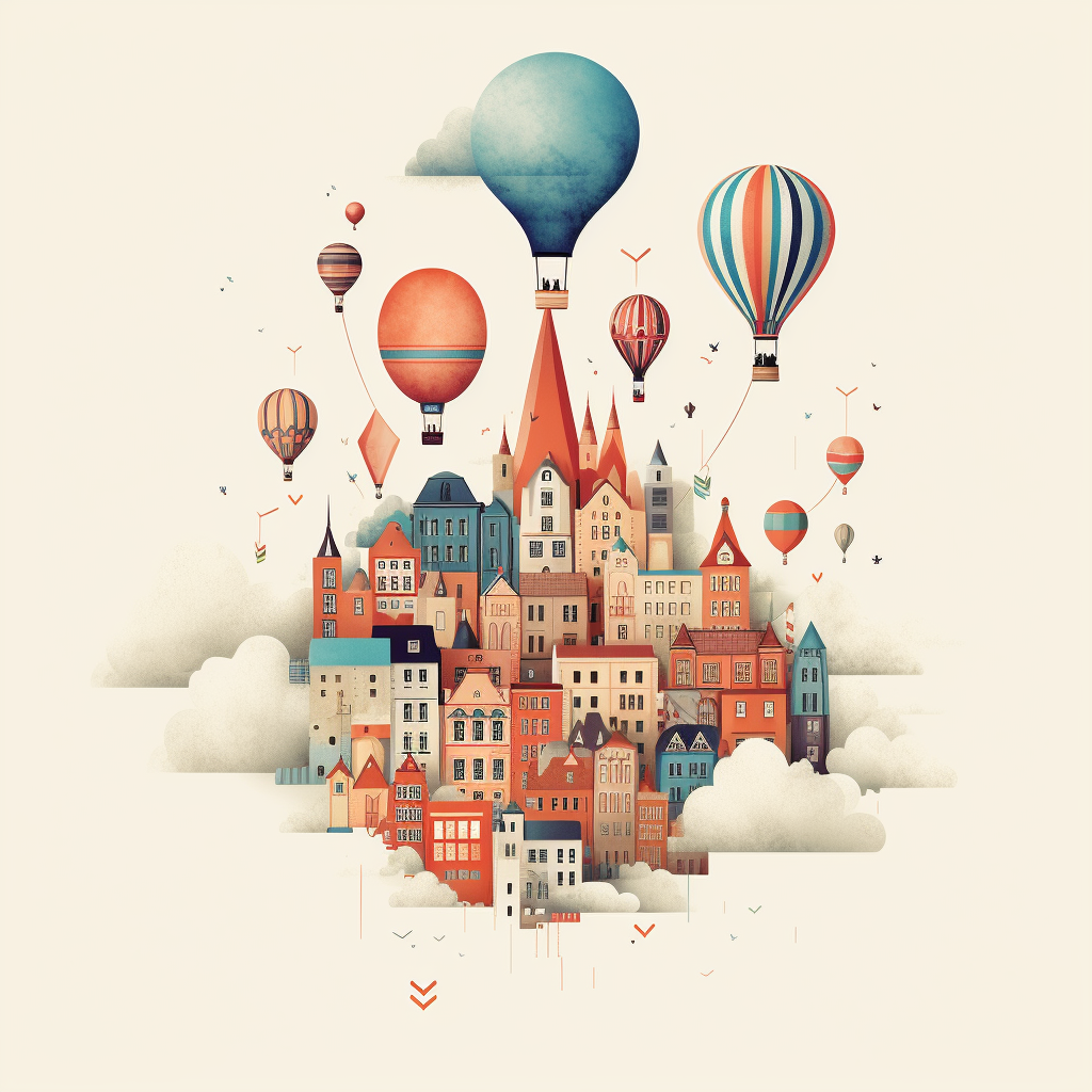 Cute Cities Flying Balloon Illustration