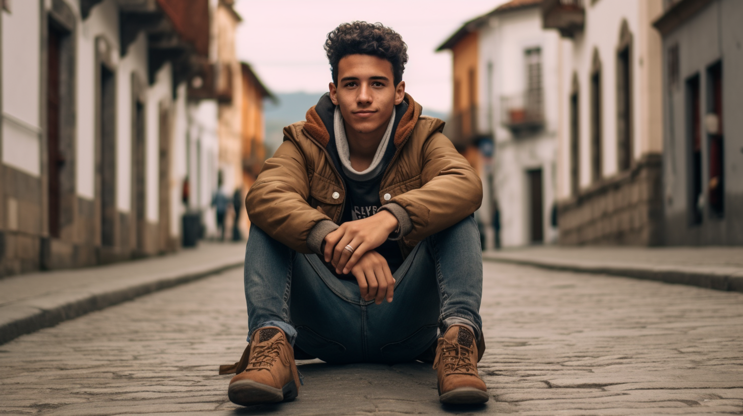 Young Colombian boy sitting in a sunny town square