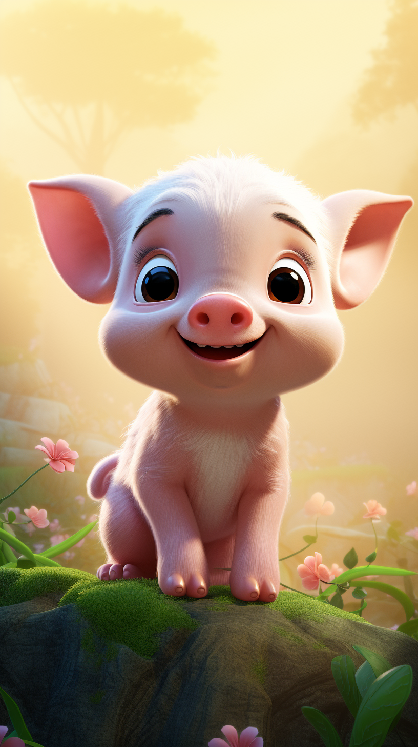 Adorable cartoon piglet in beautiful nature