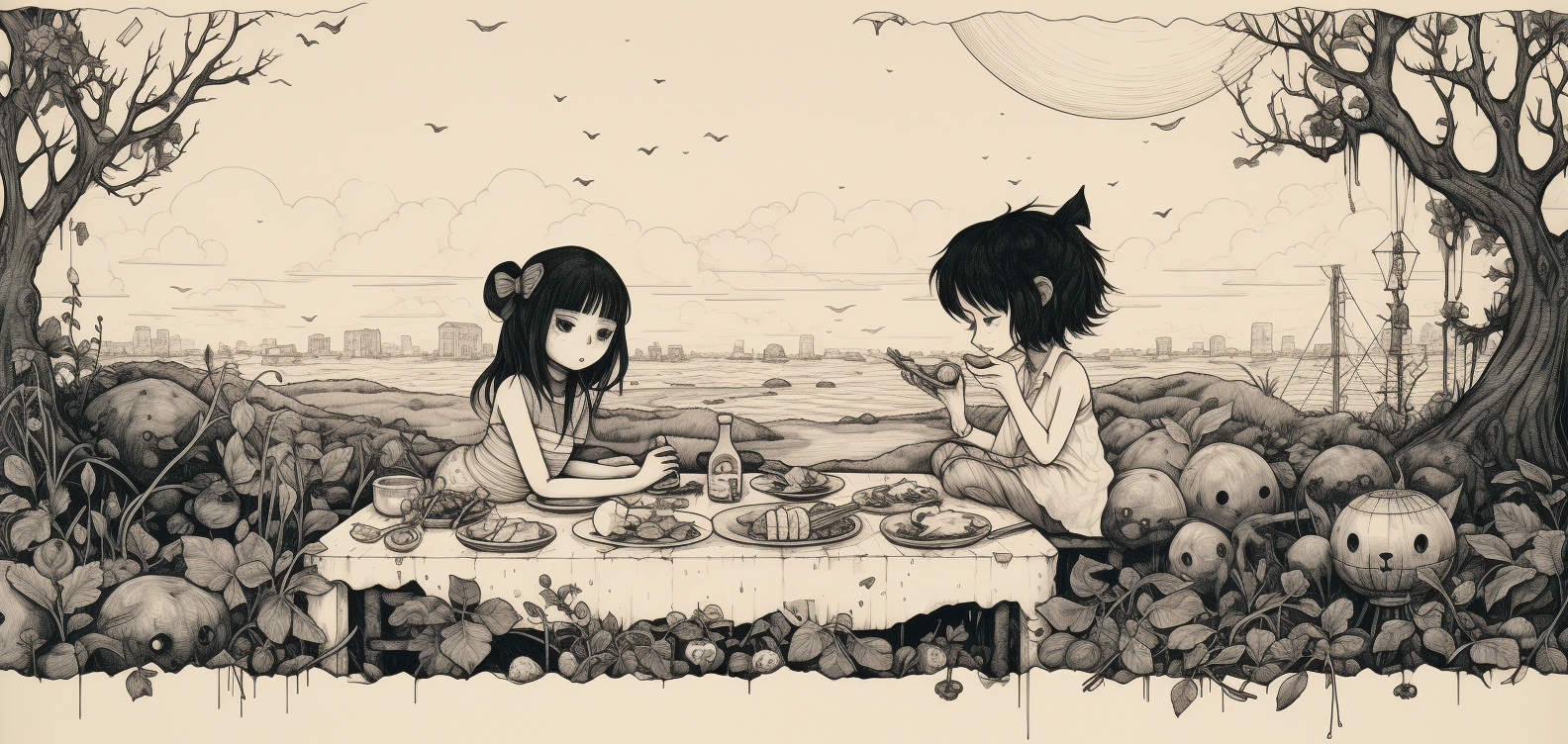 Cute couple having a picnic during apocalypse