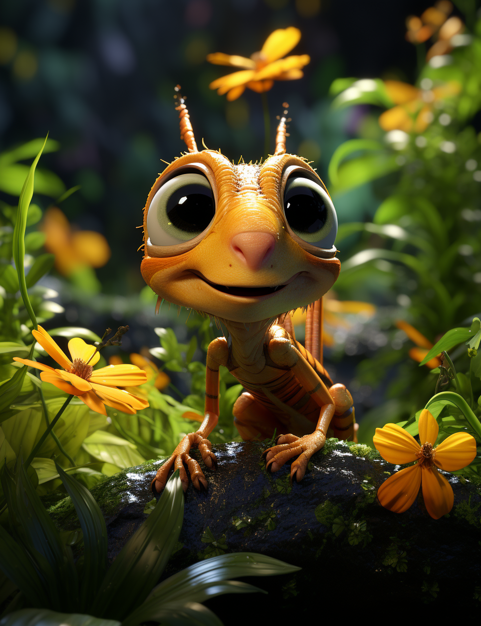 Adorable cricket in garden, Pixar style