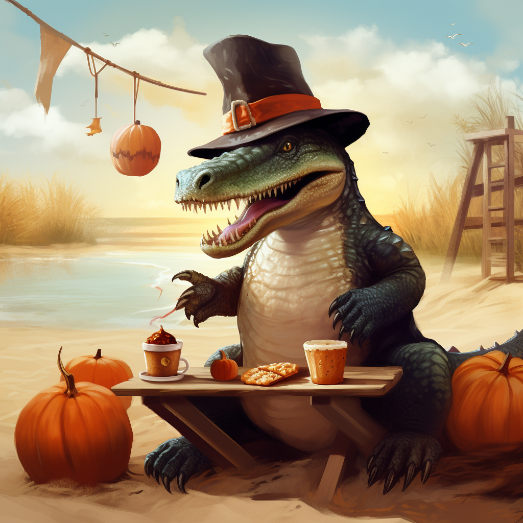 Cute crocodile eating with witch hat