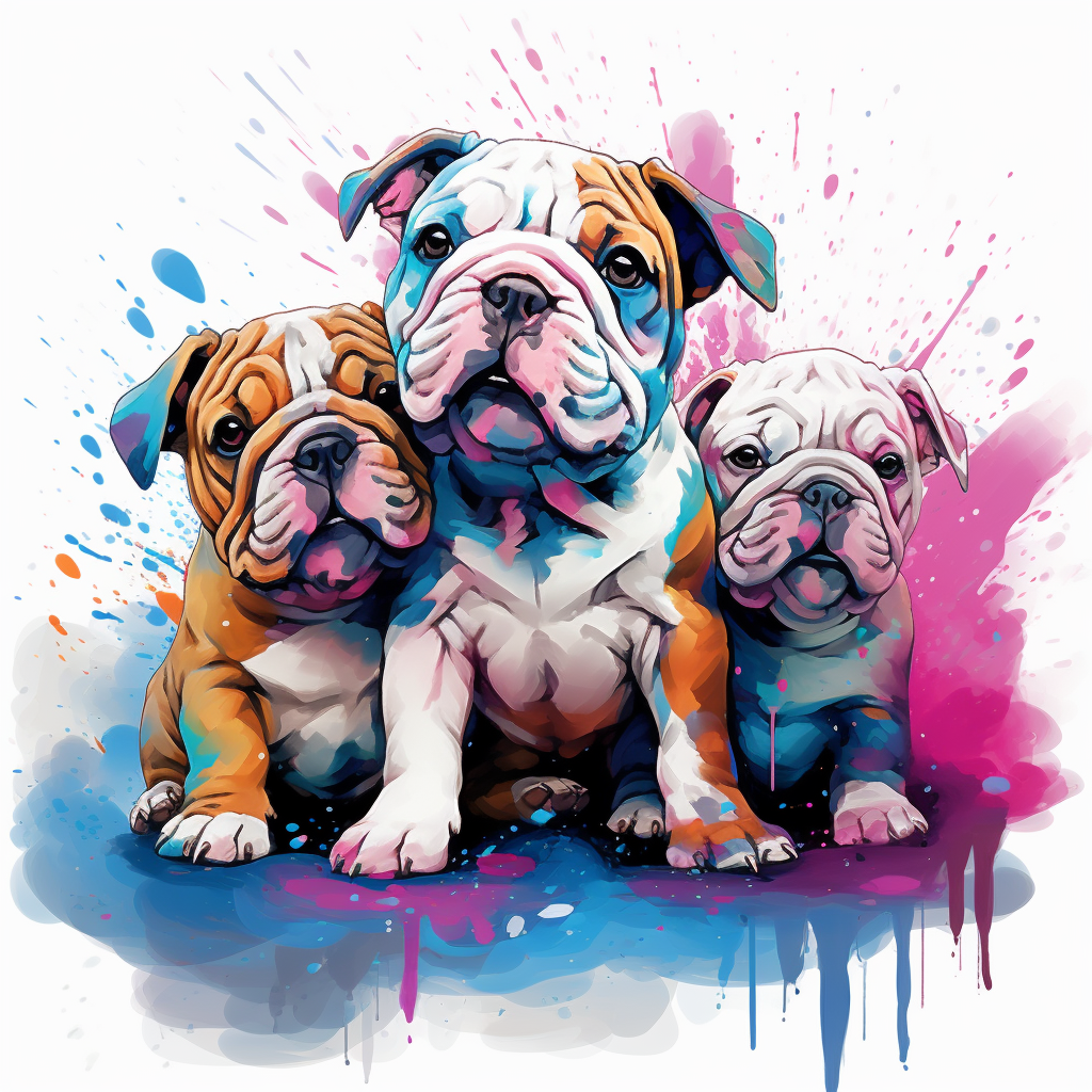 Illustration of cute cuddly bulldogs paint splatter