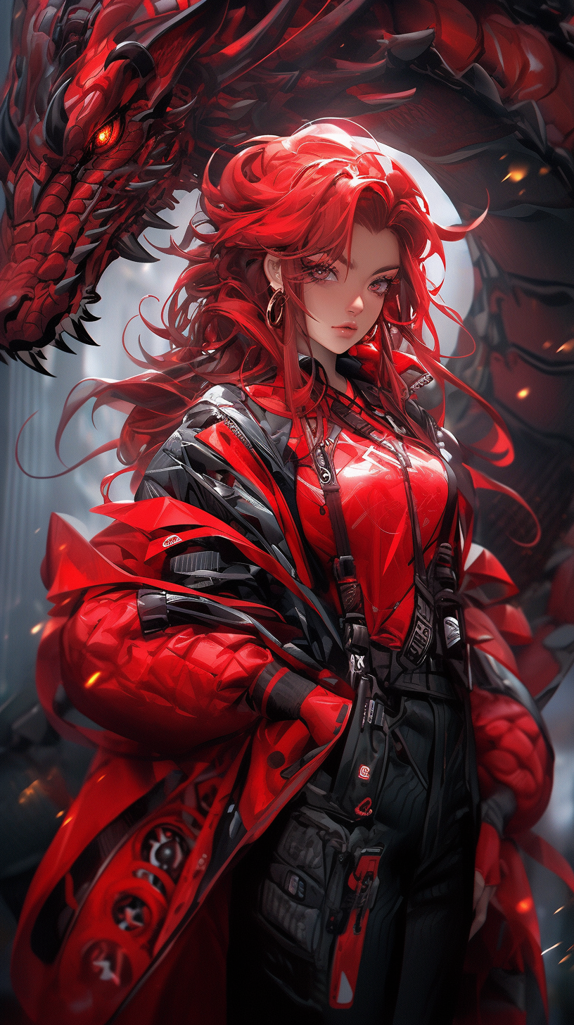 Cyberpunk female warrior with red hair and dragon