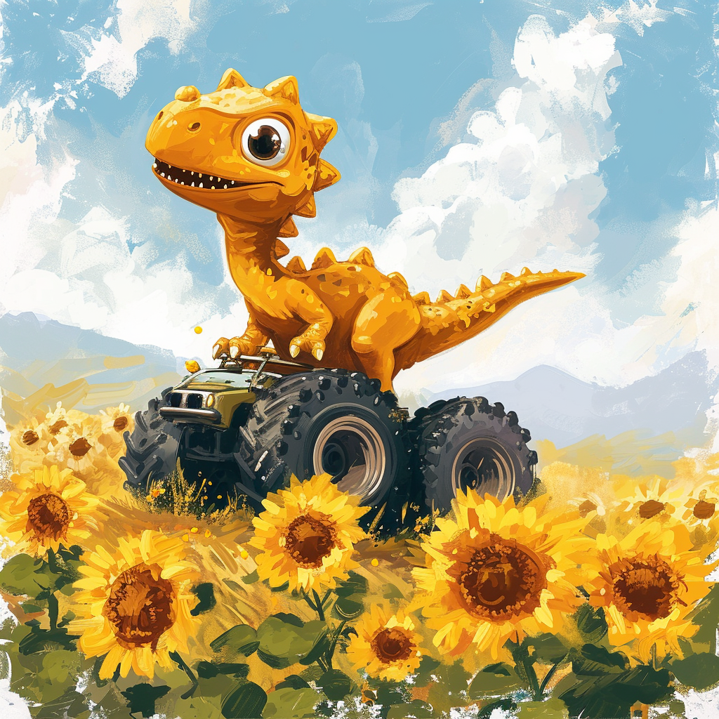 Dinosaur riding monster truck in sunflower field