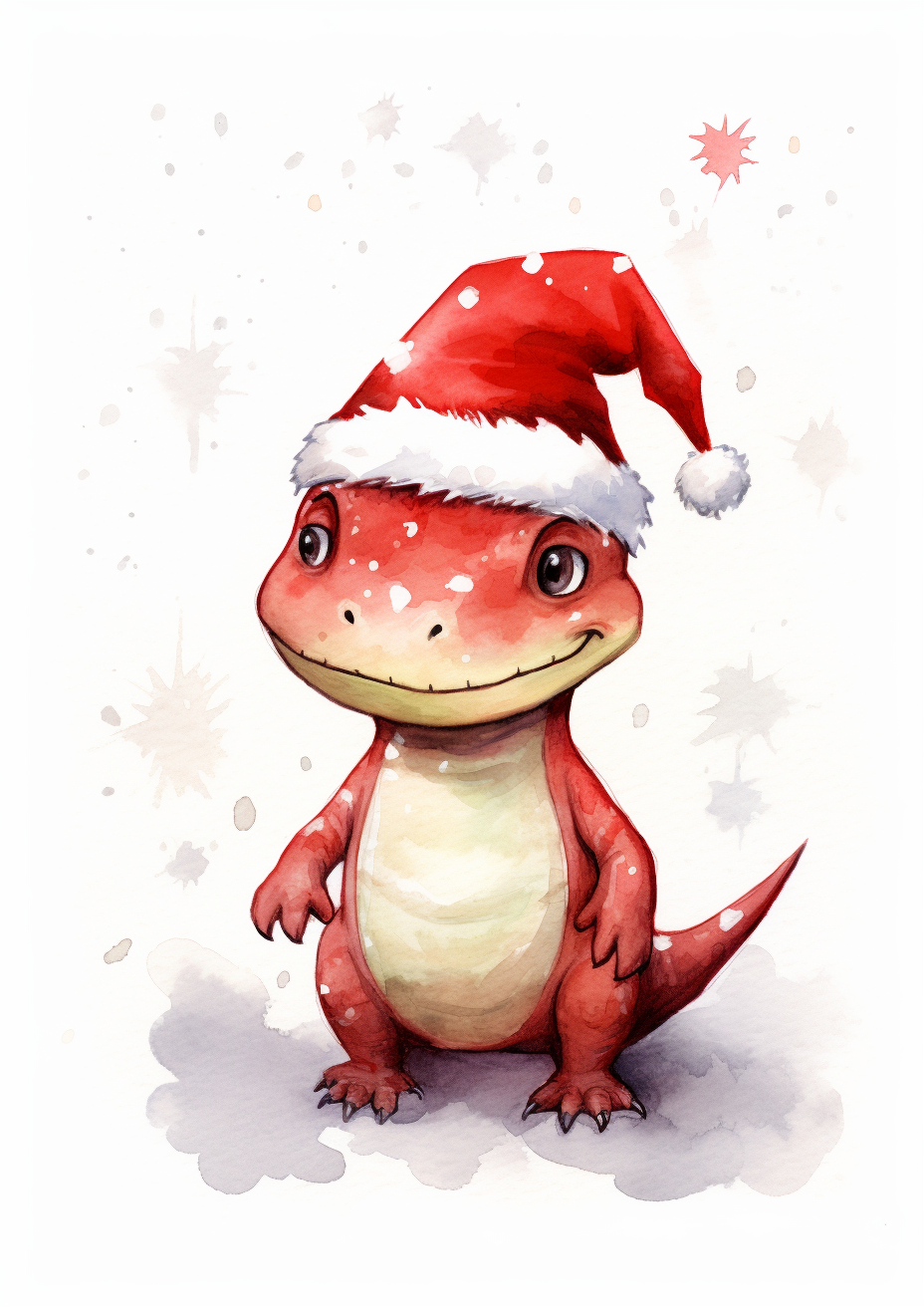 Watercolor dinosaur wearing Santa hat