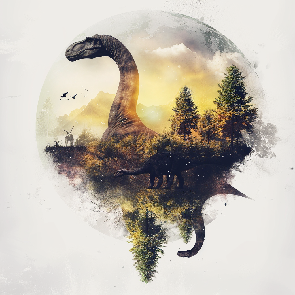 Cute dinosaurs with double exposure in Earth