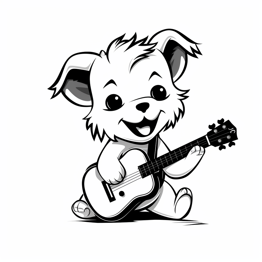 Simple black and white outline of a cute dog playing guitar