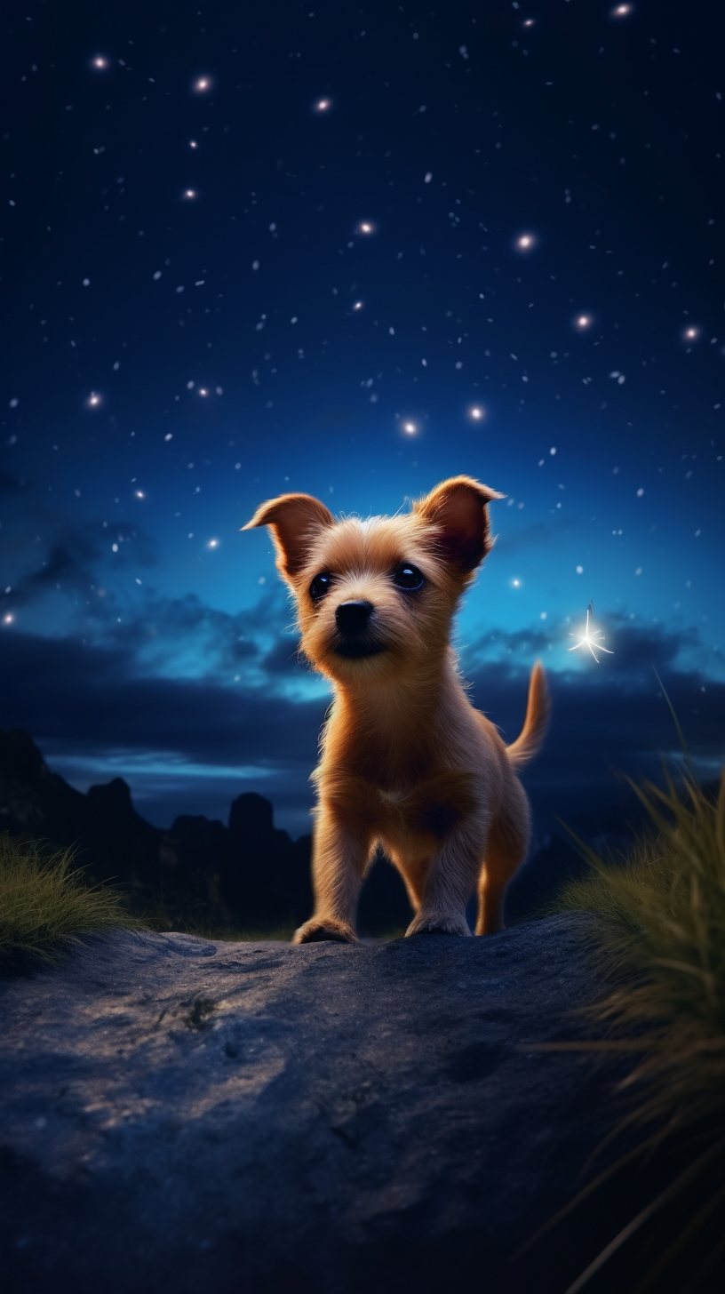 Cute dog running in vibrant night sky