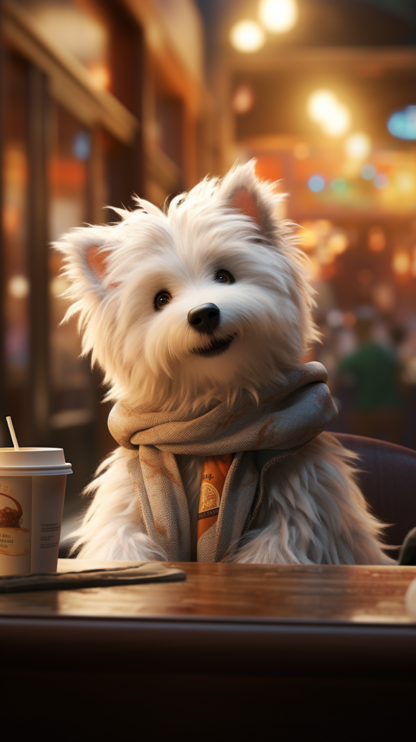 Cute dog in cafe with coffee