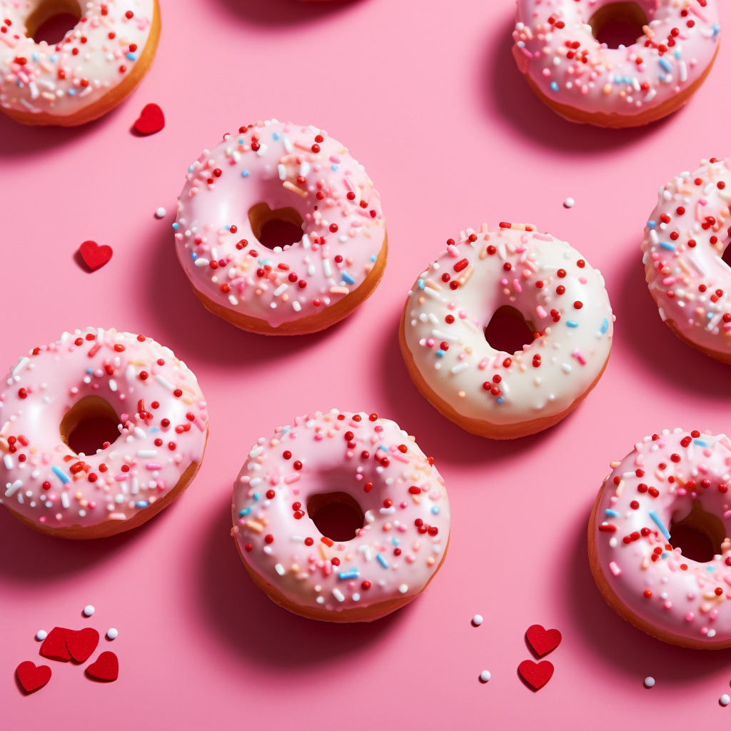 Cute donuts with Valentine sprinkles on a white background