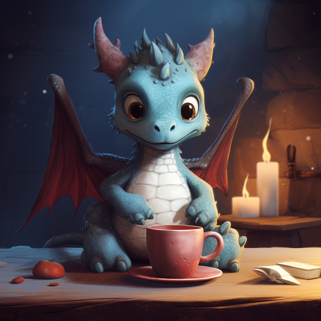 Cute dragon enjoying a cup of coffee