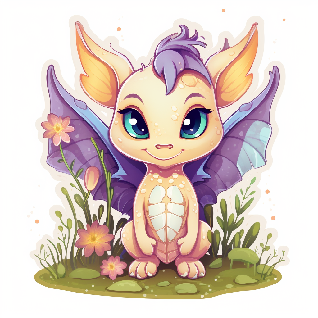 Adorable dragon surrounded by fairy grass and dewdrops