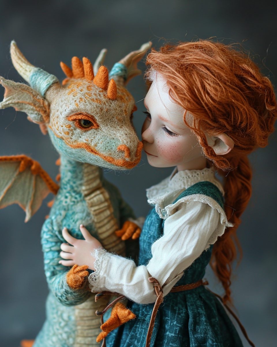 Adorable felted dragon and girl