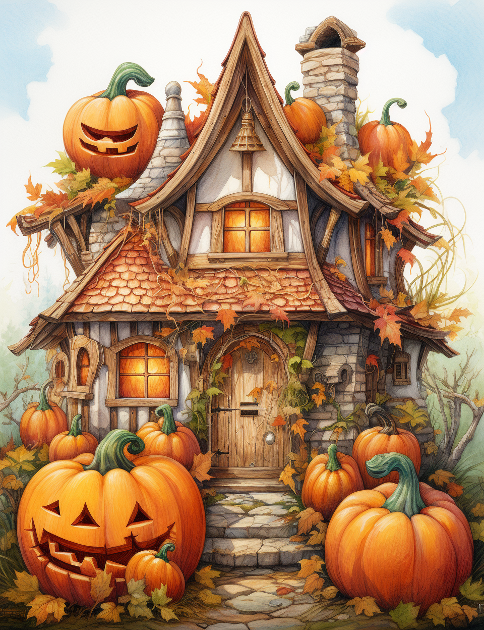 Hyper-realistic colored pumpkin house sketch