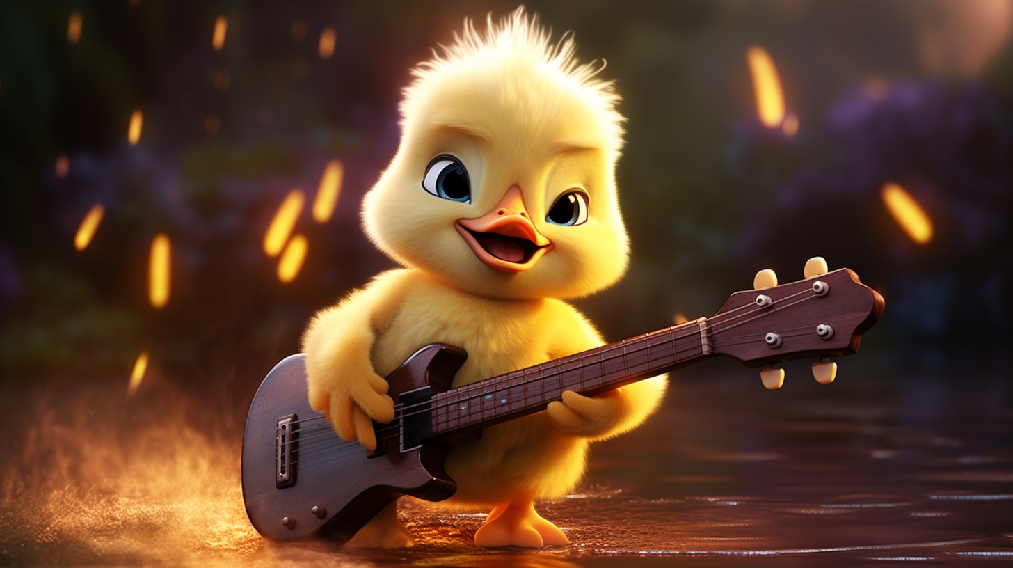 Adorable duckling playing a small guitar