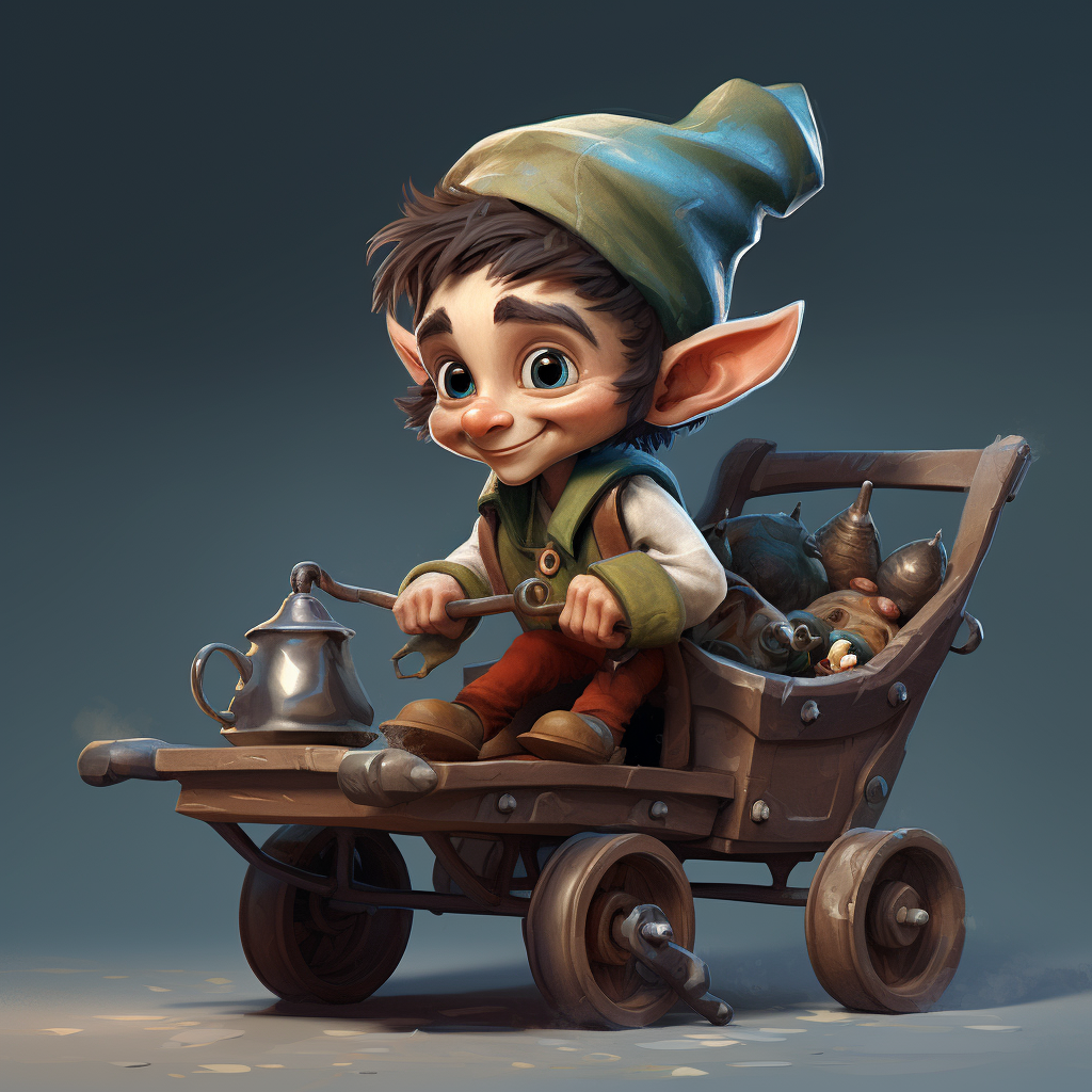 A charming elf pushing a barrow