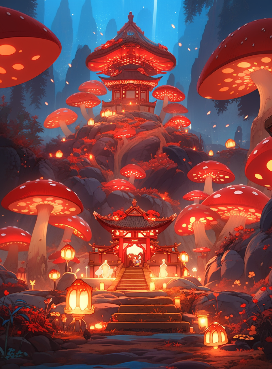 Beautiful elven wood pavilion with glowing mushrooms