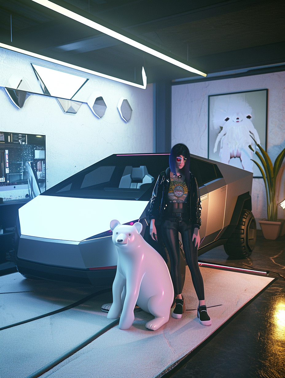 Cute emo girl in front of Tesla Cybertruck with white bear