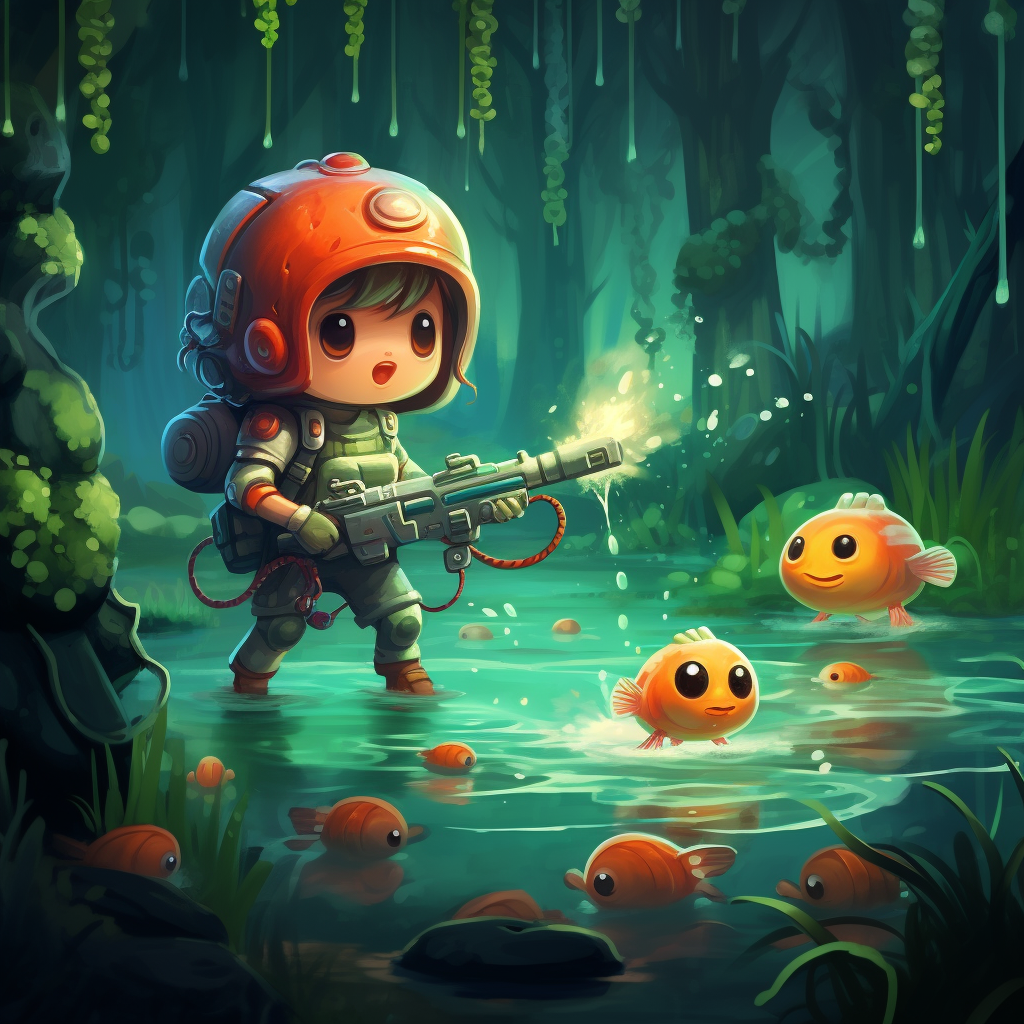 A player shooting a cute enemy with a water gun in a forest