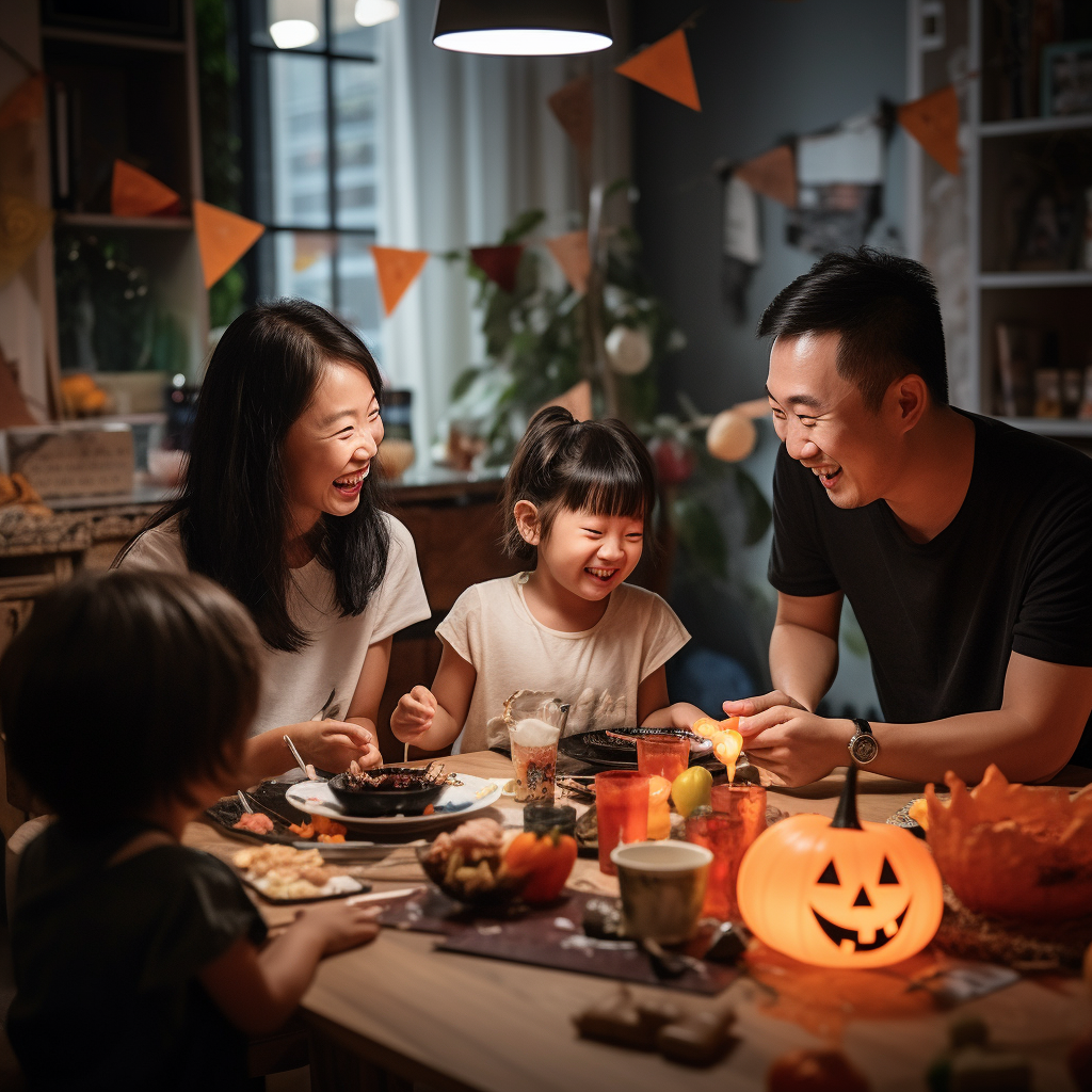 Happy family enjoying Halloween noodles