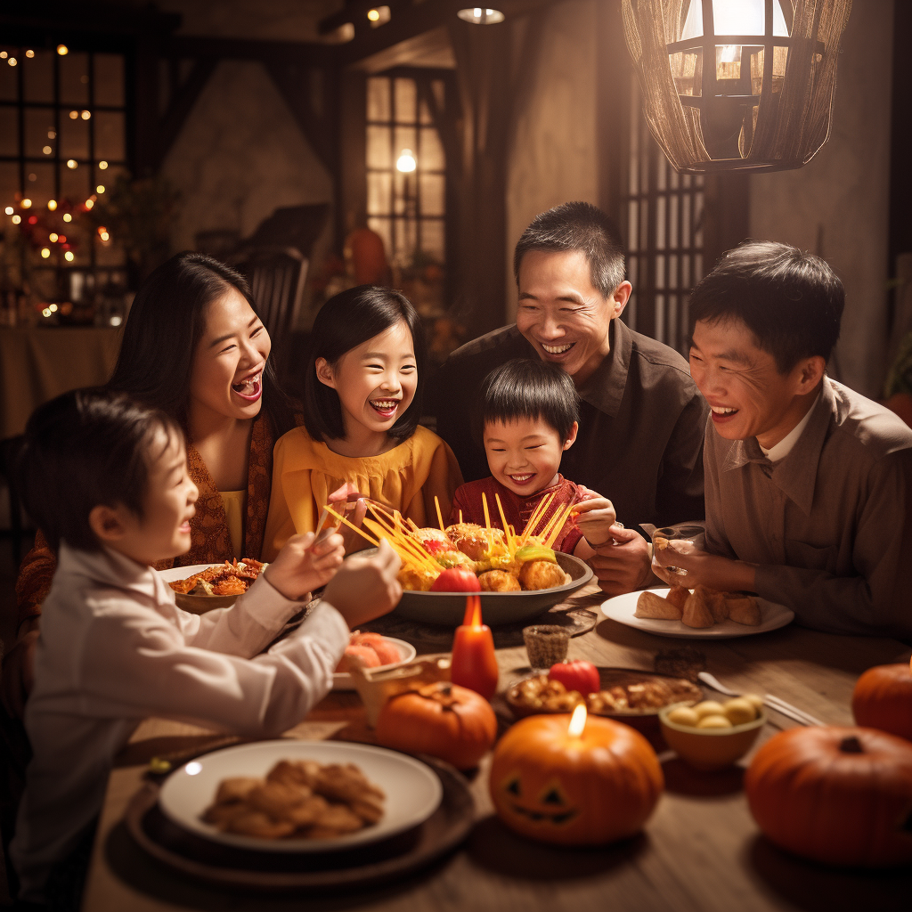 Happy family enjoying Halloween noodles