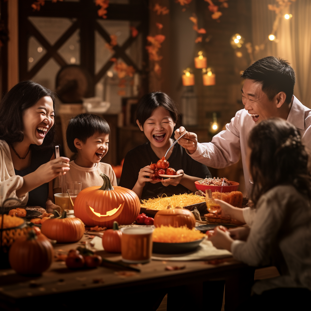 Cute family enjoying Halloween celebration