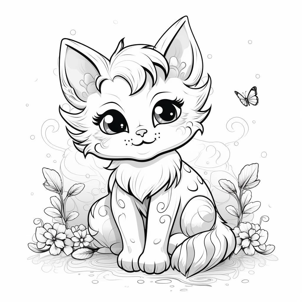 Coloring page of a cute fantasy animal kitten