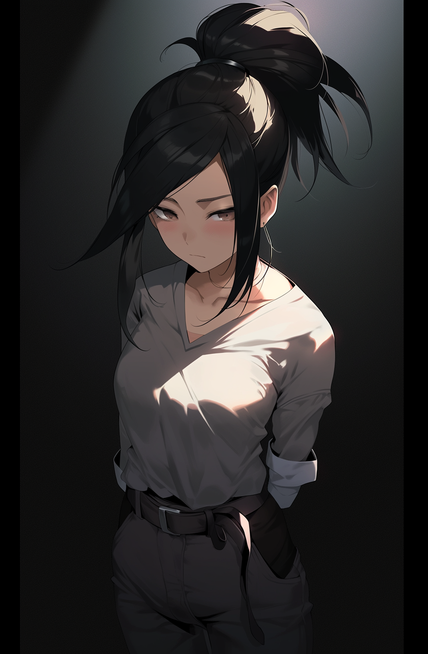 Serious Female Character with Ponytail in Jeans and Shirt