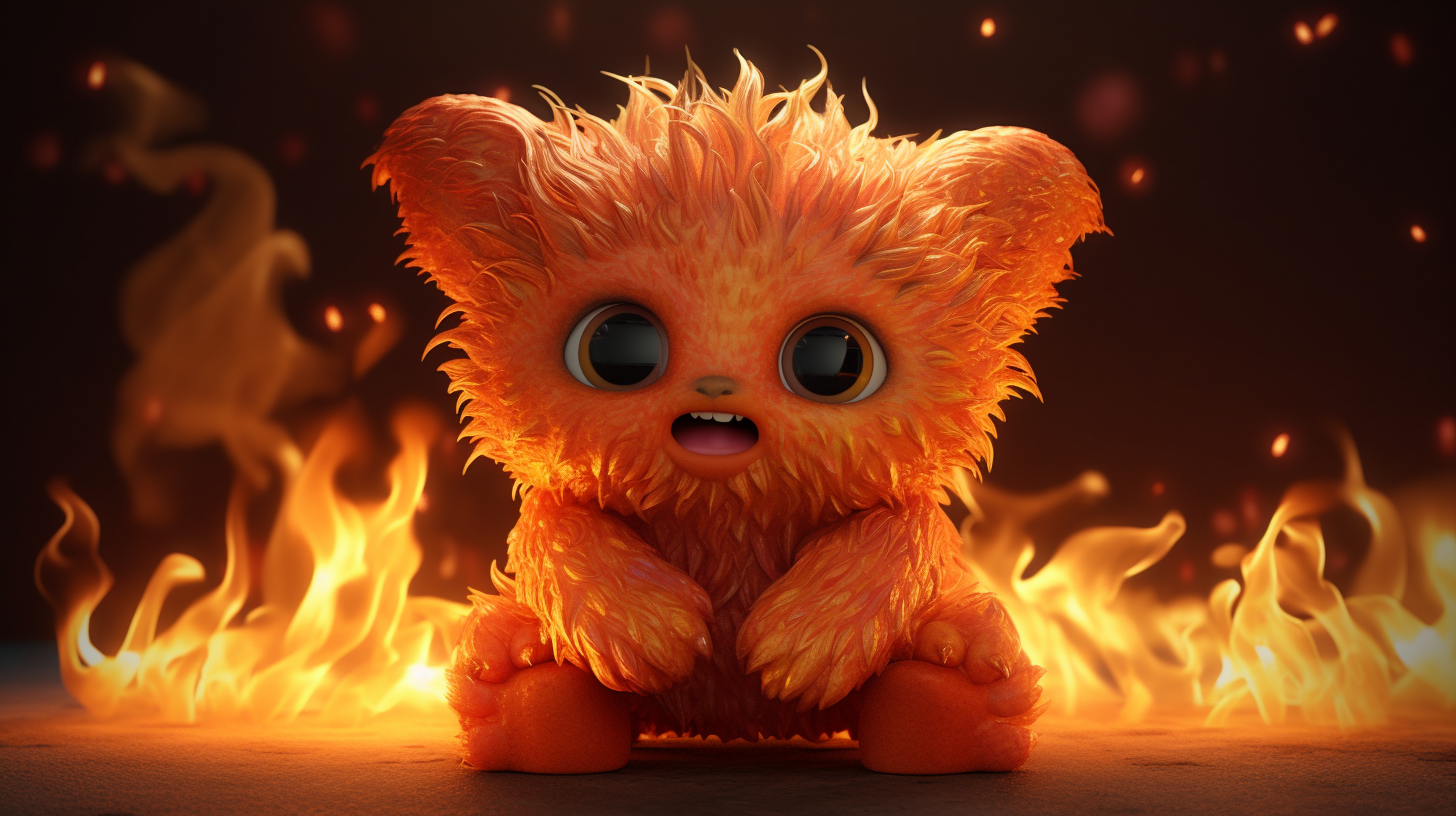 Flaming cute monster in 3D render