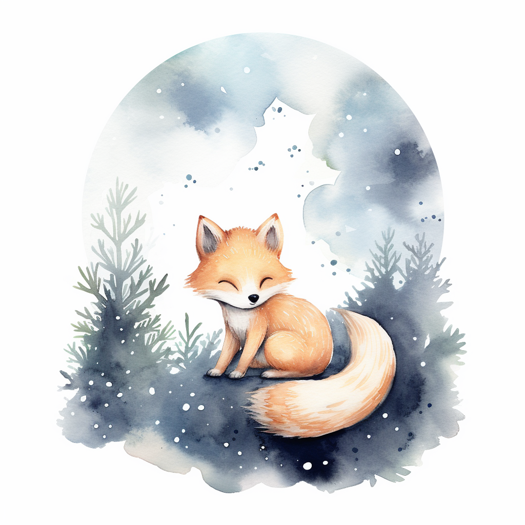 Watercolor art of cute forest animal sleeping on a white background with stars and a moon