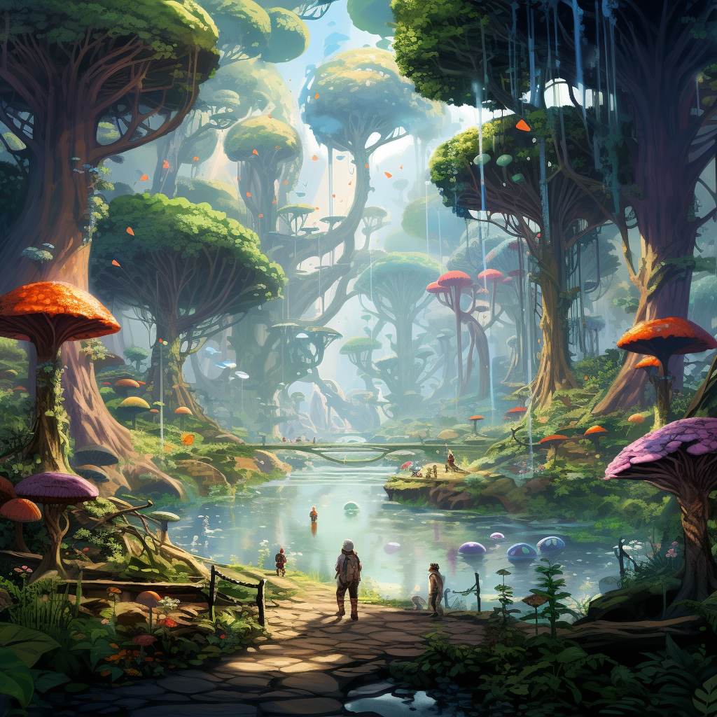 Cute creatures shooting water in futuristic forest