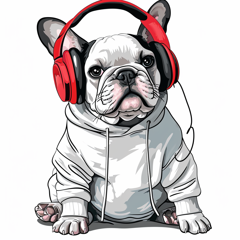 French Bulldog in Sweatshirt and Headphones