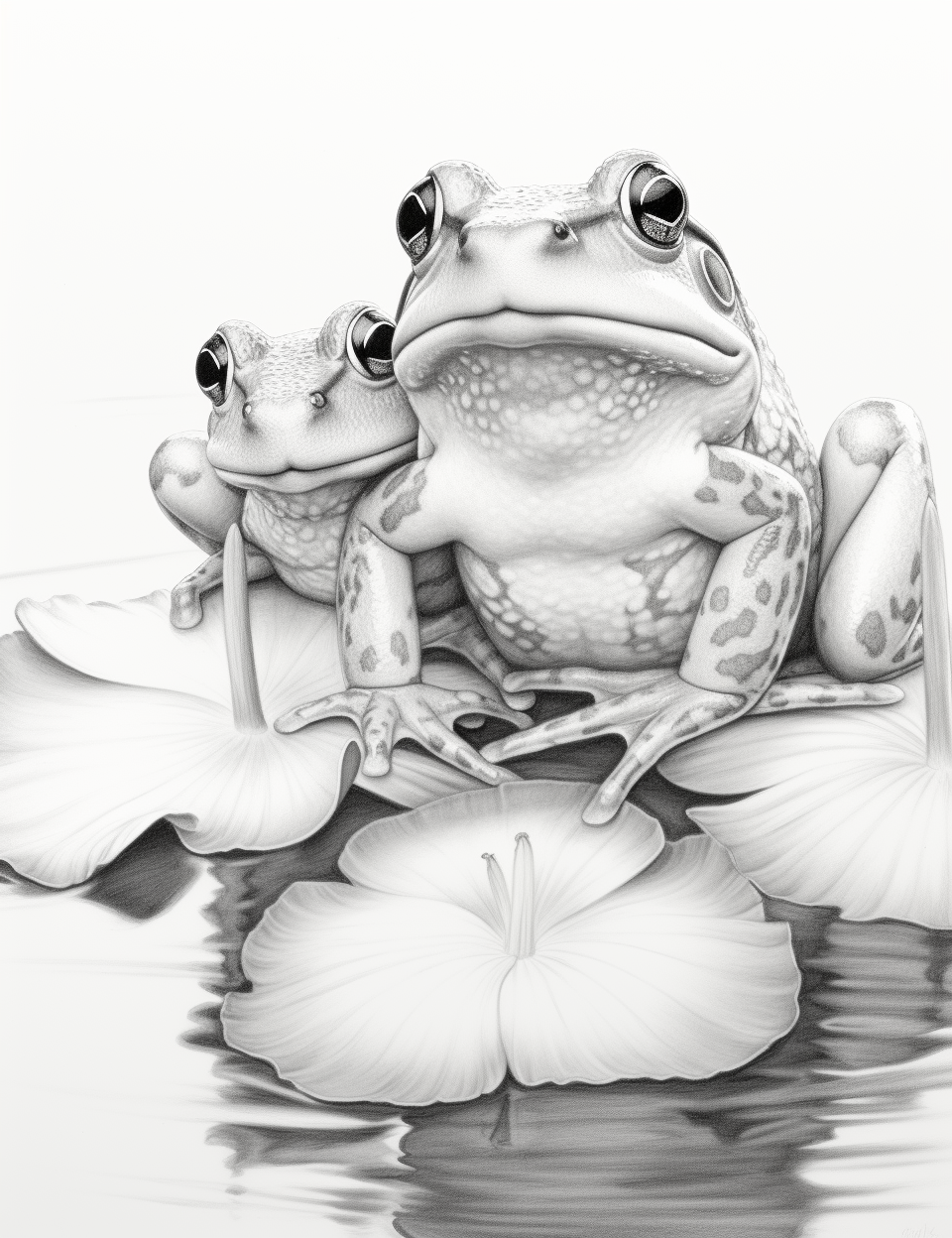 Hyper-realistic pencil sketch of cute frogs on a lily pad