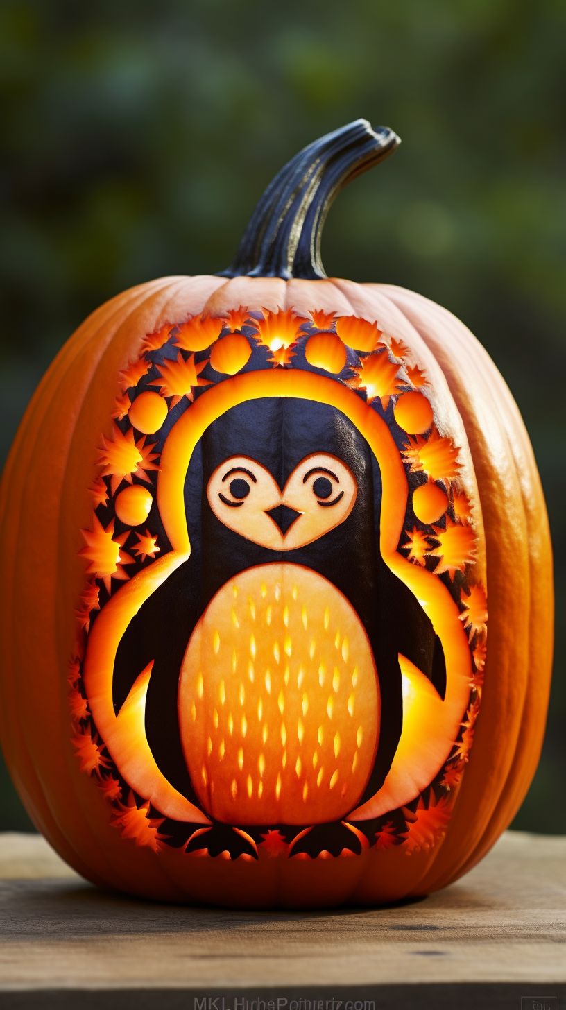 Cute penguin carving a pumpkin