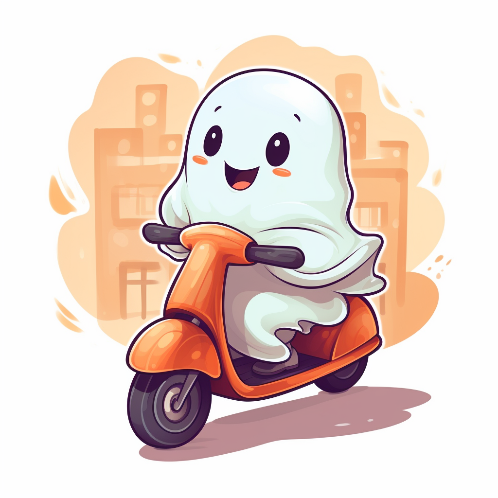 Cute funny cartoon ghost on scooter