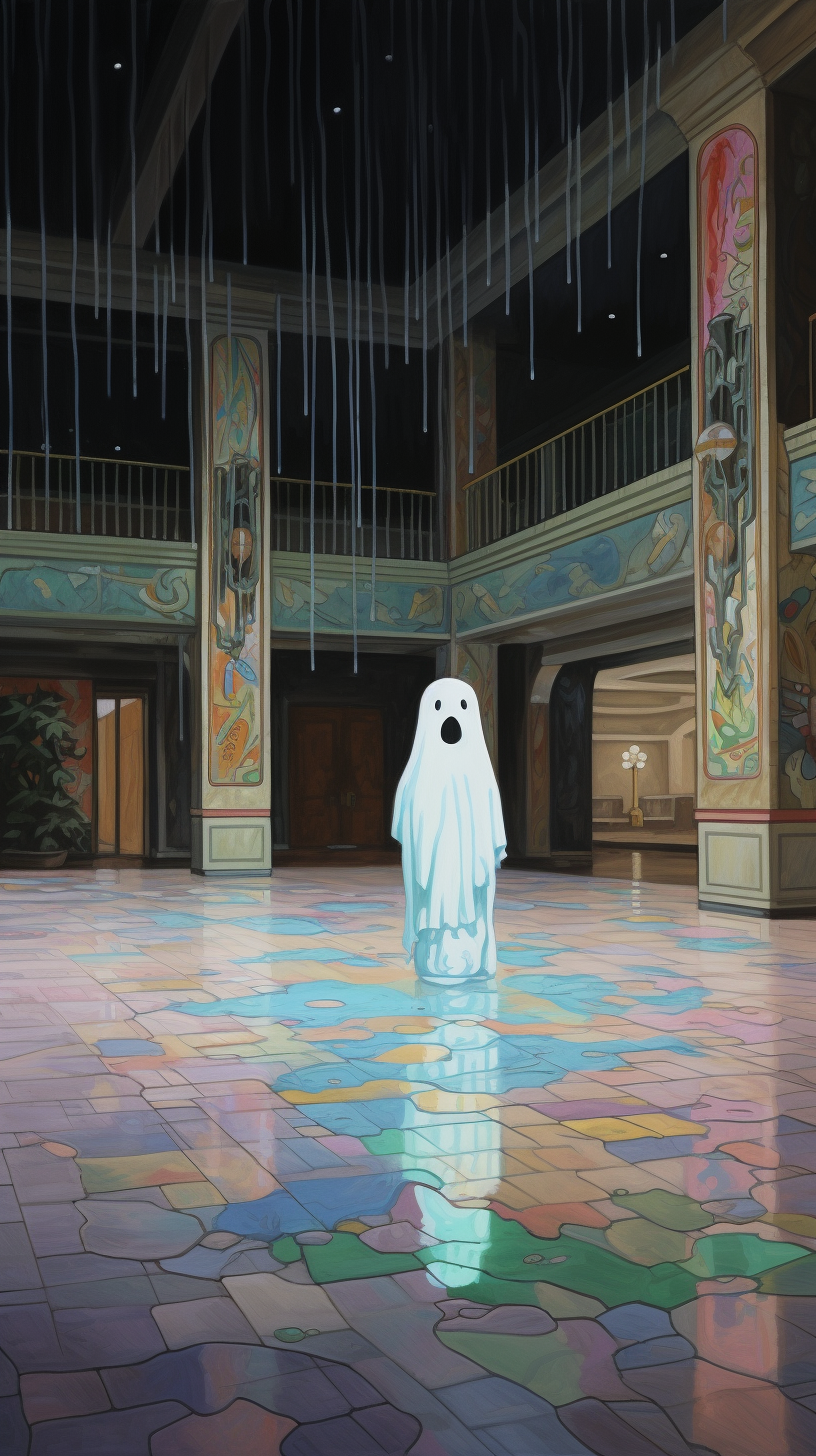 Lonely cute ghost in abandoned shopping mall