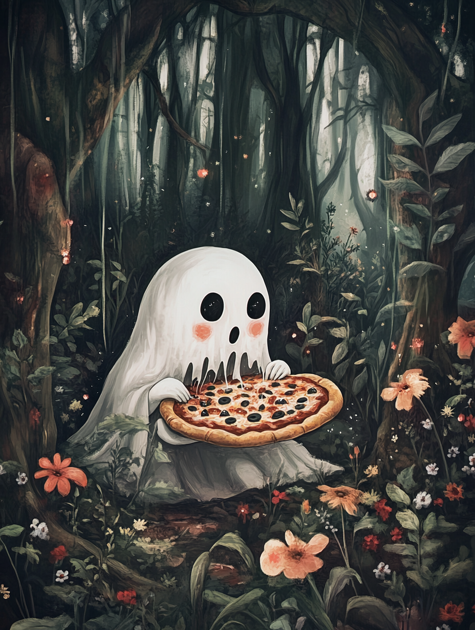 Cute Ghost Pizza Forest Flowers