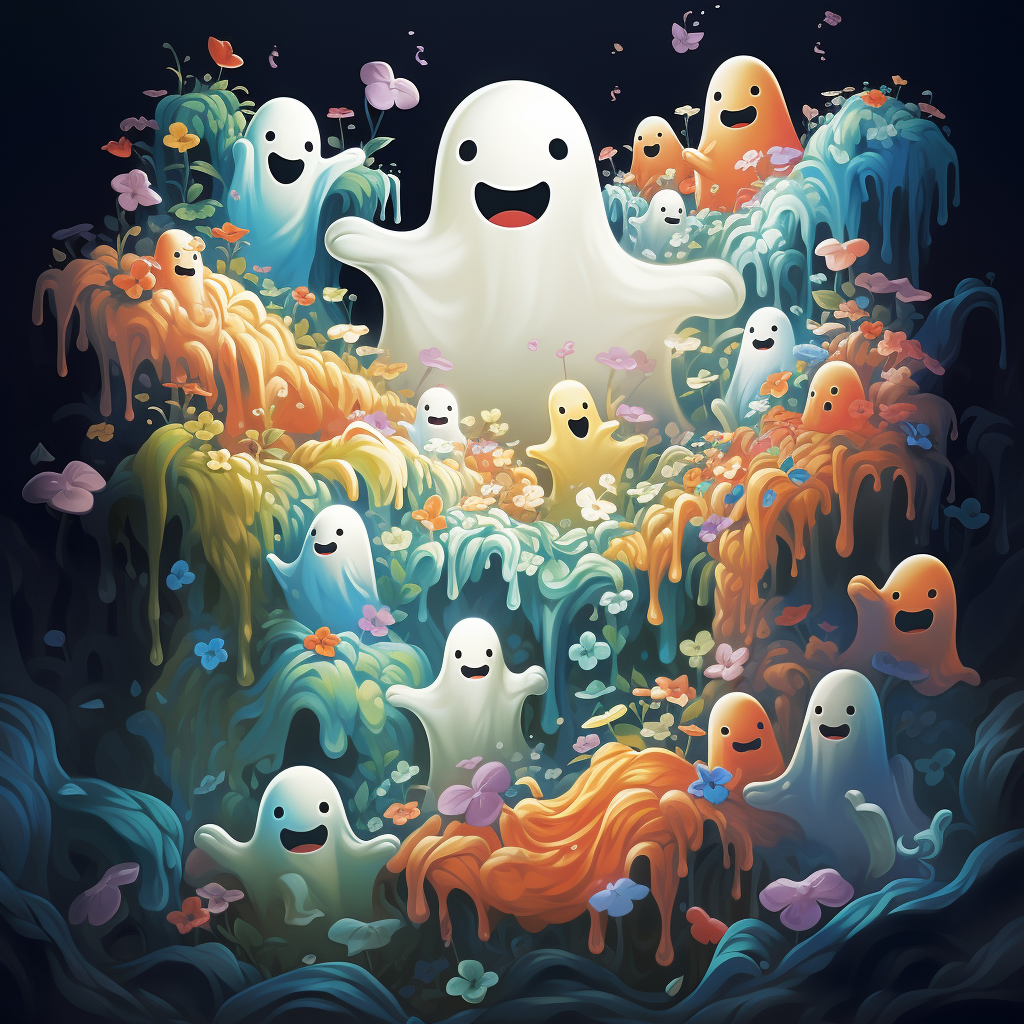 Cute ghosts floating over colorful flowers